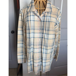 Women's Basic Editions Plaid Button Down Shirt M Beige Blue